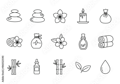 Collection of 15 black outline icons related to spa and wellness