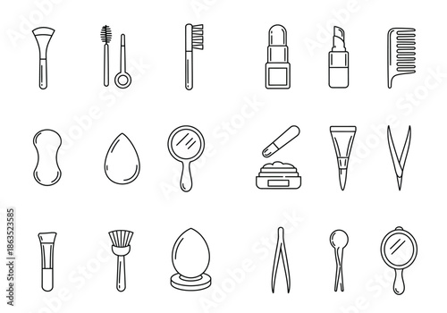 Collection of black outline icons depicting various beauty and personal care tools