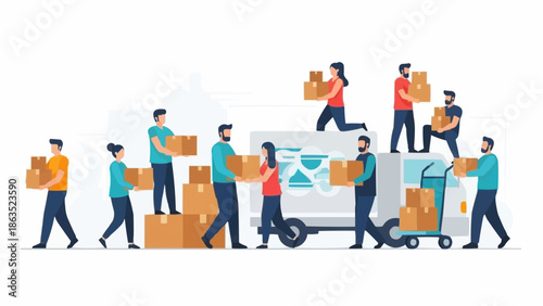 People carrying boxes and loading a truck for relocation or delivery.