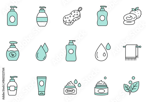 Icons for bath and skincare products including dispensers soap sponge towel and leaf motifs