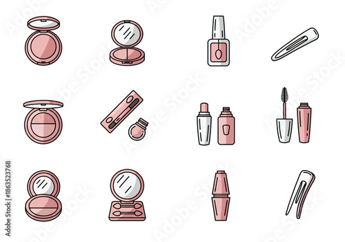 Grid of twelve pink and white cosmetic icons including compacts polish and mascara