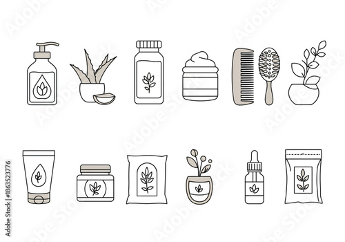 Line art icons depicting natural beauty and haircare products with plant elements