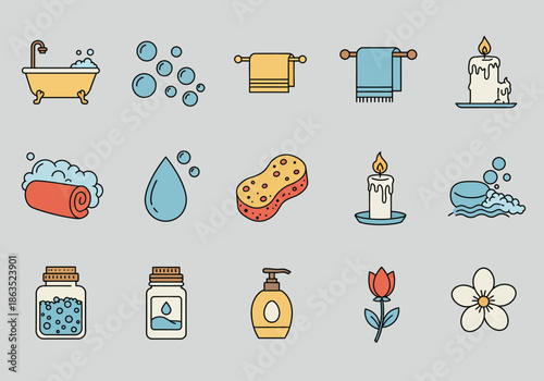 Row of 15 bathroom and sparelated icons on a gray background