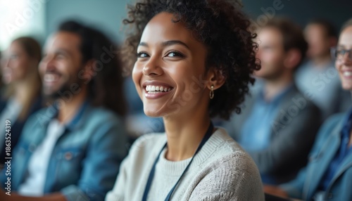 Young woman smiles brightly at indoor conference event. Diverse audience listens attentively in soft focus background. She seems engaged and happy during presentation. Pro setting.