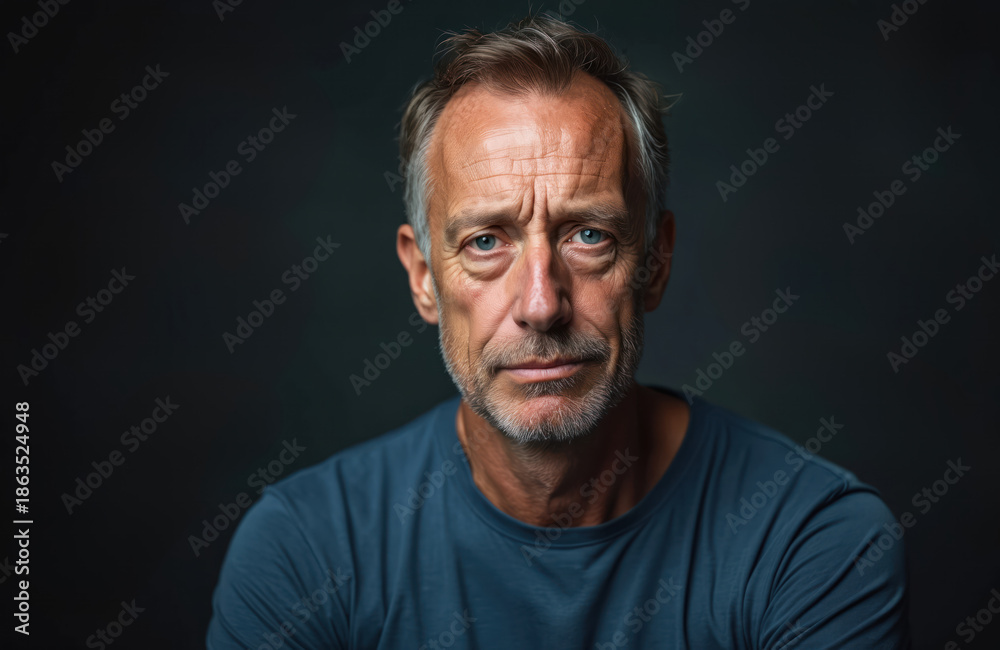 Obraz premium Mature man with grey hair and beard wears blue t-shirt. He looks directly at camera with serious expression. Close-up studio portrait against dark blurry background. He appears thoughtful and strong.