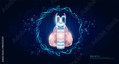 Genetic science medical. Organ thyroid hologram transparent inside the DNA RNA surrounded by chromosome nucleus cell icons on dark blue background. Banner vector.