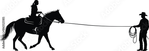 Silhouette of Horse Trainer Guiding Rider with Lunge Line in Western Saddle During Equestrian Practice on Ranch at Sunset