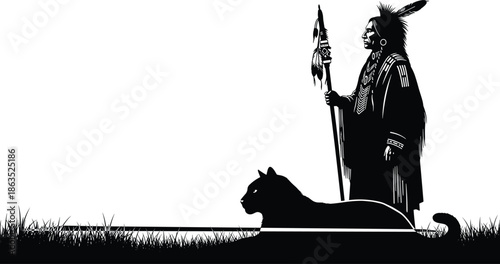 Silhouette of indigenous warrior standing with spear beside panther in grass landscape, tribal culture heritage and spiritual guardian illustration