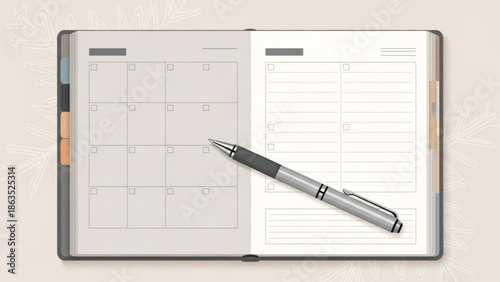 Open notebook or diary with calendar and notepad pages with a pen on a light background