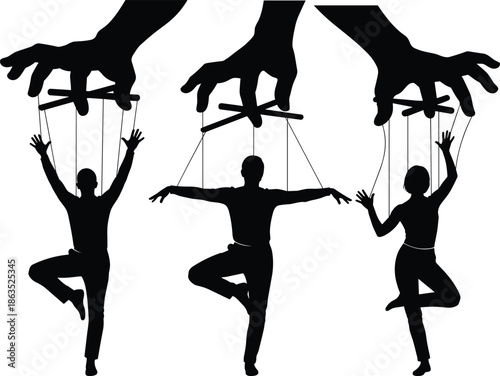 Silhouette puppets controlled by giant hands with strings, symbolic marionette illustration representing control and manipulation concept on white background art design