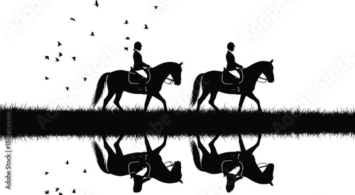 Silhouette riders on horseback with birds in sky and calm water reflection, peaceful equestrian landscape symbolizing nature, harmony and travel