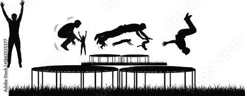 Silhouette Sequence of Trampoline Acrobatics – Jump, Flip, and Landing Poses for Motion, Sport, and Athletic Illustration Concepts
