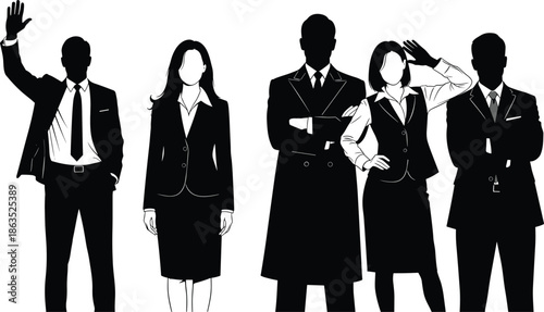 Silhouettes of business men and women in formal suits, leadership, teamwork and corporate professionals posing in confident gestures