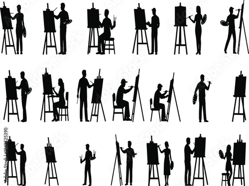 Silhouettes of artists painting at easels, men and women painters drawing and creating art in studio vector illustration