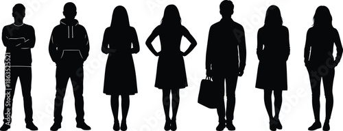 Silhouettes of men and women in casual clothing, standing human figures collection, people poses vector illustration isolated