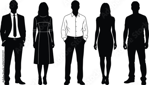 Silhouettes of men and women standing in business and casual outfits, human figure outline people vector illustration isolated
