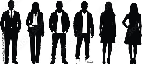 Silhouettes of men and women standing in formal and casual clothing, business people, fashion and lifestyle posture concept illustration