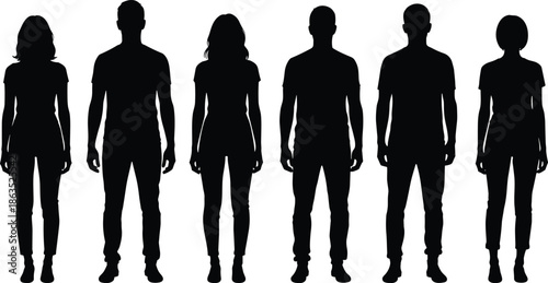 Silhouettes of men and women standing in casual clothing, front view human figures, diversity, identity and people concept illustration