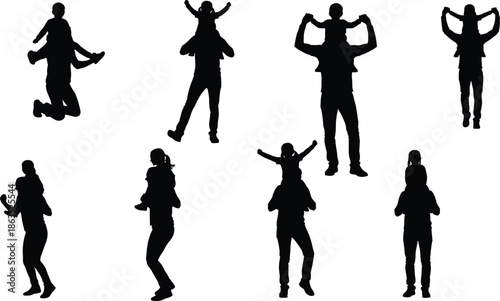 Silhouettes of parents carrying children on shoulders and playing together, happy family moments illustration showing love bonding and childhood joy