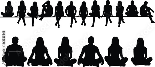 Silhouettes of people sitting on ledge and floor, group of men and women in relaxed poses vector illustration