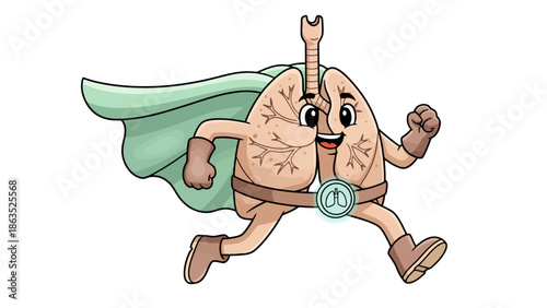 Cartoon illustration of healthy human lungs personified as a superhero with a cape, running dynamically on a white background, symbolizing respiratory health and strength.