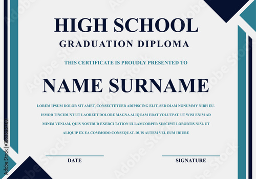 High school graduation diploma template featuring geometric borders and formal typography for certificates, student achievements, and educational recognition