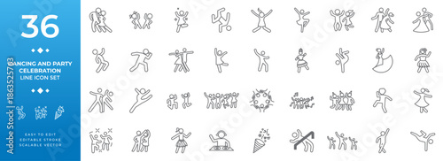 Dancing and party celebration line icon set featuring vector stroke symbols including club music, dj, and disco dancers, ideal for creative social media post design and apps.
