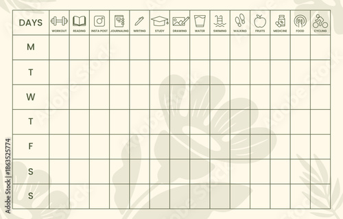Habit tracker horizontal template featuring daily icons for workout, reading, journaling, and water intake for weekly lifestyle planning and digital journal or social media use