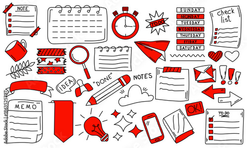 Hand drawn productivity doodle set featuring icons for to do lists, memos, calendars, and office supplies for digital journaling and social media posts