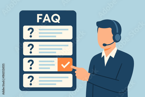 Customer Support Agent Explaining FAQs with Checklist and Headset.