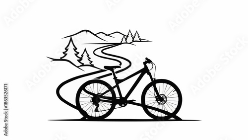 Mountain bike illustration with scenic landscape background.