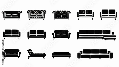Collection of various sofa and couch silhouettes for interior design.