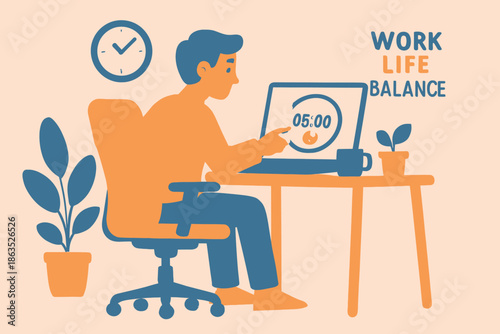 Worklife balance illustration Man working at desk with clock.