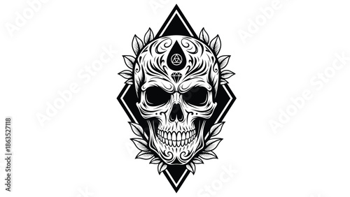 Skull with ornate geometric frame design.