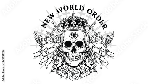 Skull with Crown and Wings Illustration.