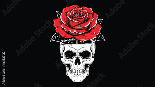 Skull with Red Rose Crown Floating on Black.