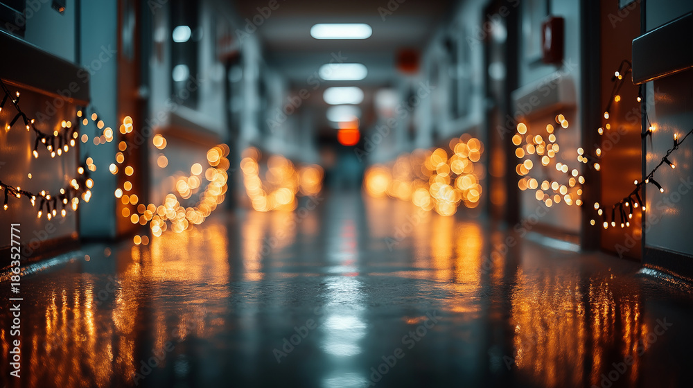Obraz premium Holiday season hallway adorned with festive lights, ideal for holiday marketing materials, greeting cards, and seasonal social media posts.