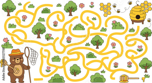 Educational maze game for children featuring a cute bear with a honey dipper trying to find the path to the beehive in a forest.