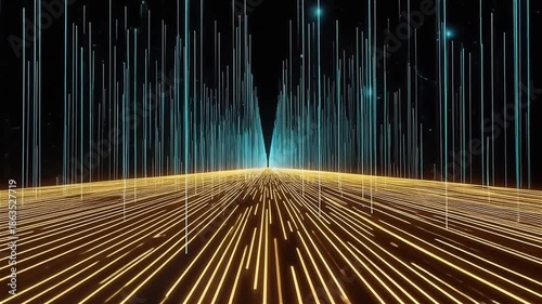Abstract Digital Space Background with Golden Horizon Light Trails and Blue Vertical Glowing Lines, Representing Big Data and Speed of Light.