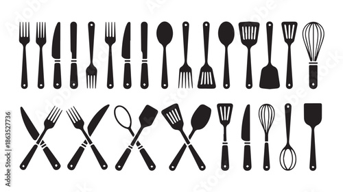 An overhead view of various kitchen utensils arranged neatly on a white background, featuring a collection of black silhouetted cutlery and cooking tools