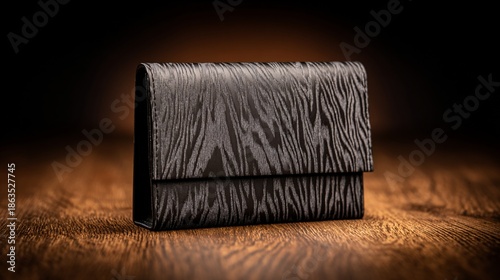 A close-up shot of a leather wallet with a textured zebra pattern resting on a wooden surface