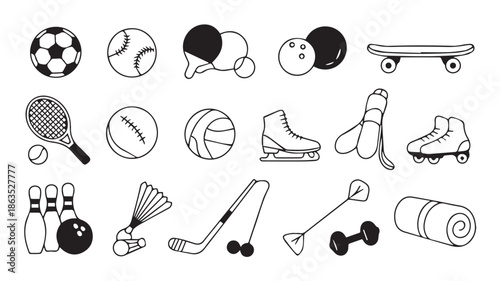 A collection of sports equipment and accessories illustrated in a minimalist black and white style on a clean white background