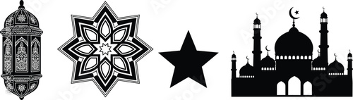 Islamic symbols flat vector, lantern, mosque, crescent moon, star pattern, black silhouette icons, religious culture, Ramadan, Eid, architecture