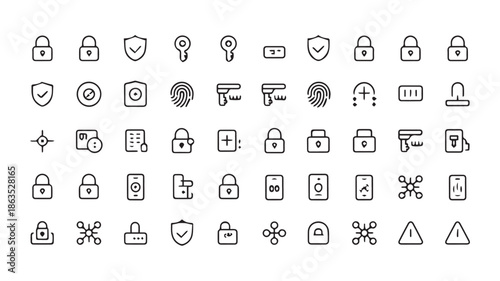 A minimalistic grid layout of 40 icons representing security and technology concepts