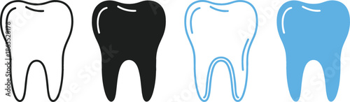Set of dental tooth icons in flat and line art styles with black and blue colors isolated on white.