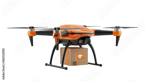 Orange delivery drone carrying a food package with chef hat icon