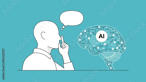 AI brain concept with thoughtful human head outline on light blue background.