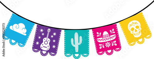 Colorful Mexican papel picado banner vector with guitar skull and cactus icons for Dia de los Muertos and Cinco de Mayo.