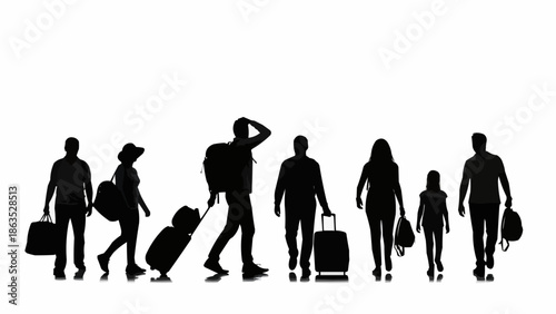Diverse group of people walking with luggage silhouettes.