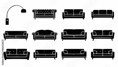 Collection of modern and classic sofa designs and a floor lamp.